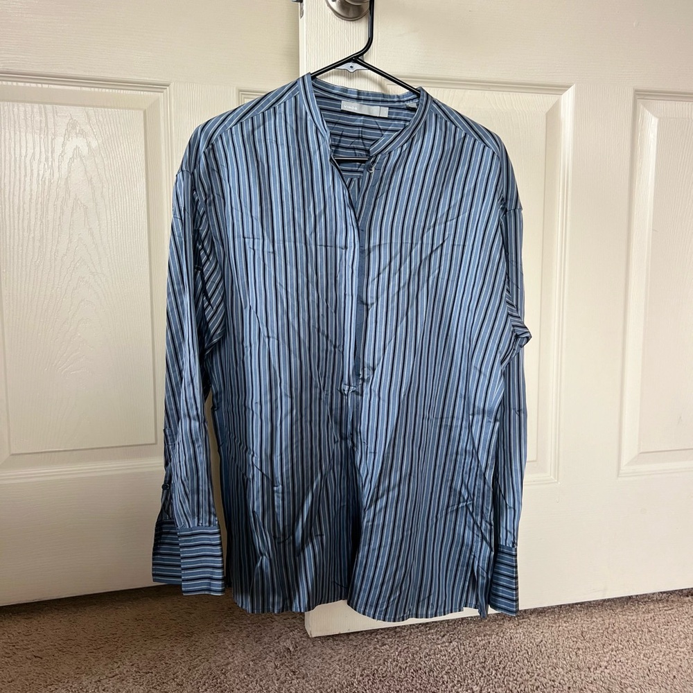 Vince Blue Striped Casual Tunic With Buttons And Mandarin Collar 100% Silk
